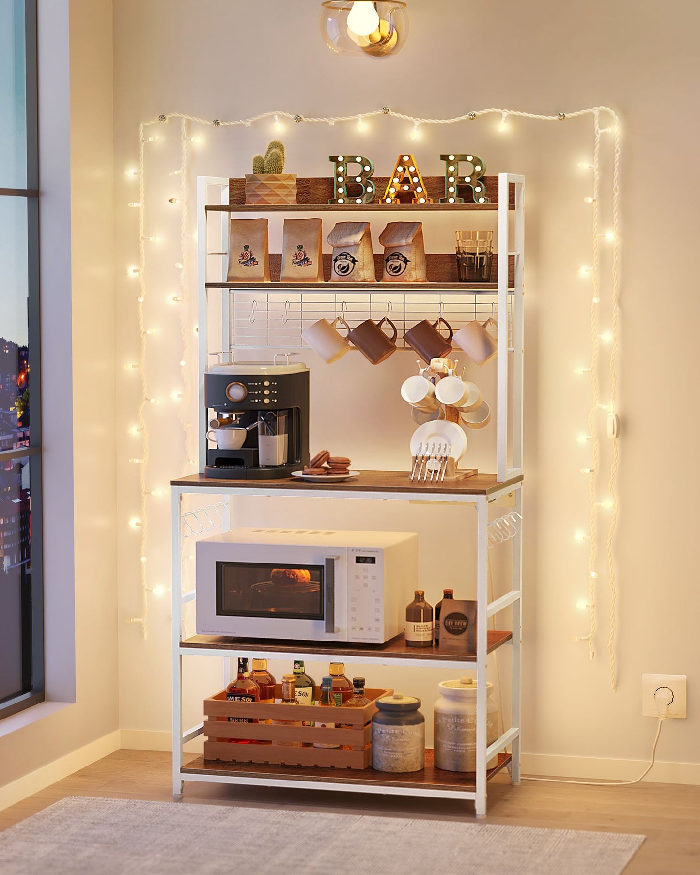 Küchenregal Stehend, Standregal, mit Steckdosen, Mikrowellenregal, mit Gitterplatte, 14 Haken, arbeitsplatte, Weiß, Vasagle, 3