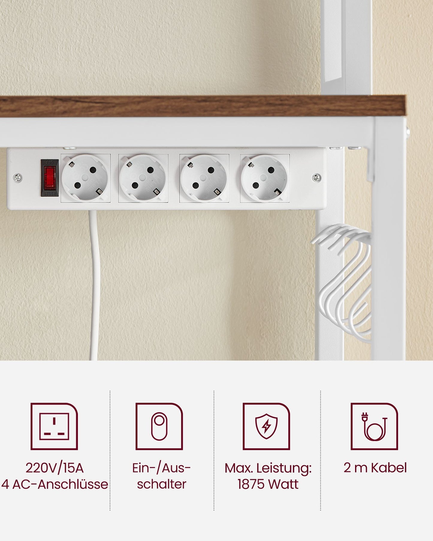 Küchenregal Stehend, Standregal, mit Steckdosen, Mikrowellenregal, mit Gitterplatte, 14 Haken, arbeitsplatte, Weiß, Vasagle, 4