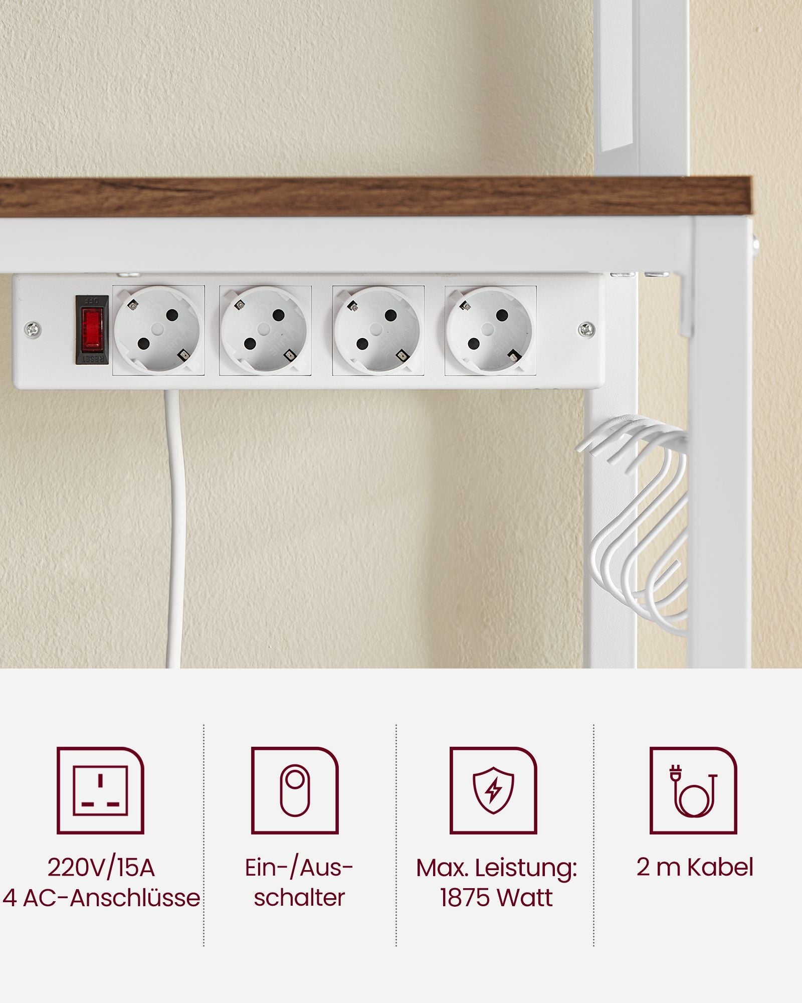 Küchenregal Stehend, Standregal, mit Steckdosen, Mikrowellenregal, mit Gitterplatte, 14 Haken, arbeitsplatte, Weiß, Vasagle, 4