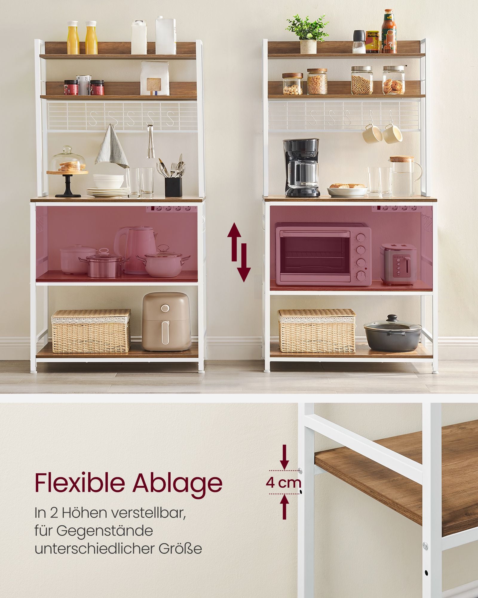 Küchenregal Stehend, Standregal, mit Steckdosen, Mikrowellenregal, mit Gitterplatte, 14 Haken, arbeitsplatte, Weiß, Vasagle, 5