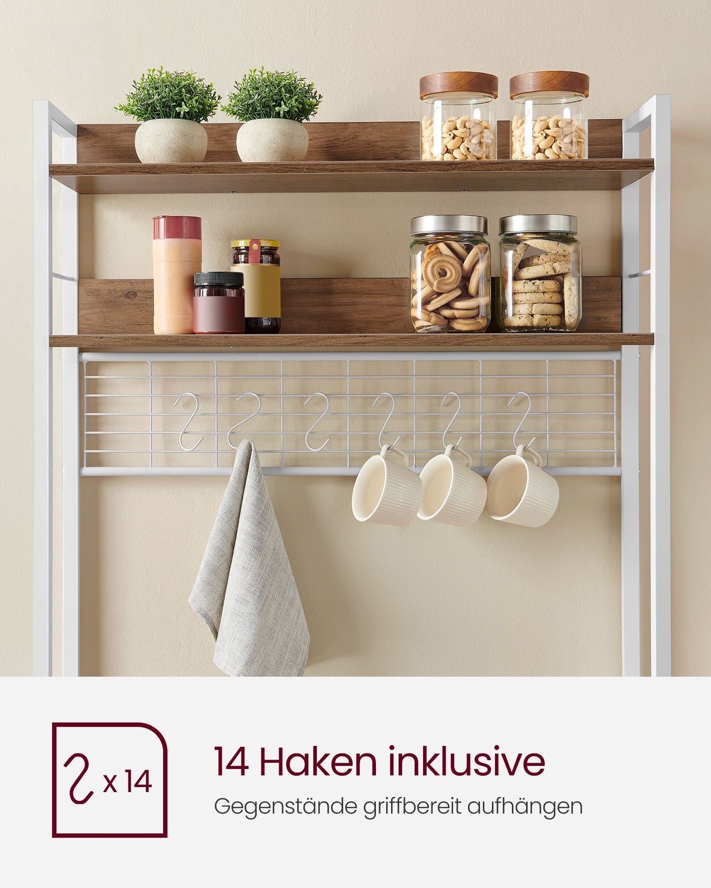 Küchenregal Stehend, Standregal, mit Steckdosen, Mikrowellenregal, mit Gitterplatte, 14 Haken, arbeitsplatte, Weiß, Vasagle, 8