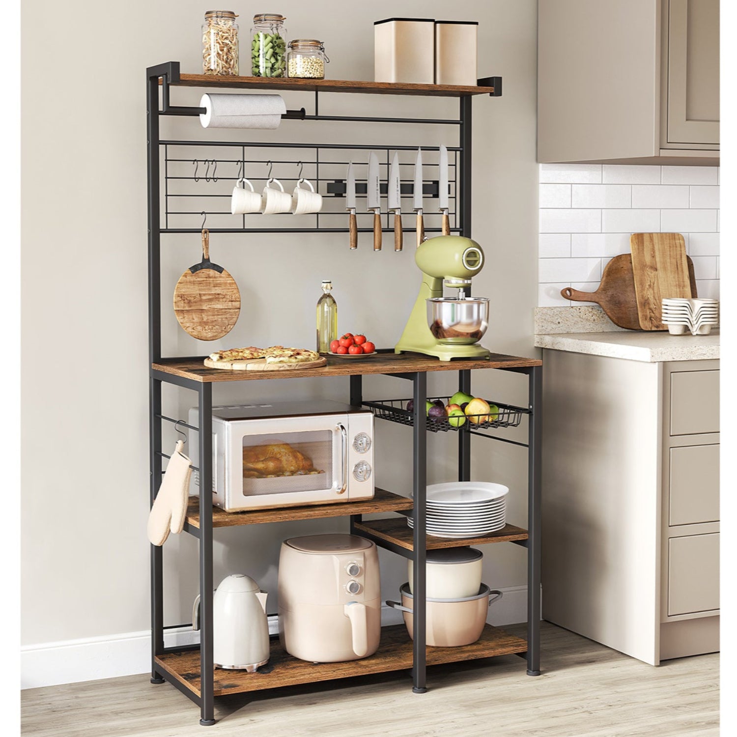 Küchenregal Stehend, Standregal, mit magnetischem Messerhalter, Mikrowellenregal, 8 Haken, Arbeitsplatte, Drahtkorb, Vasagle, 2