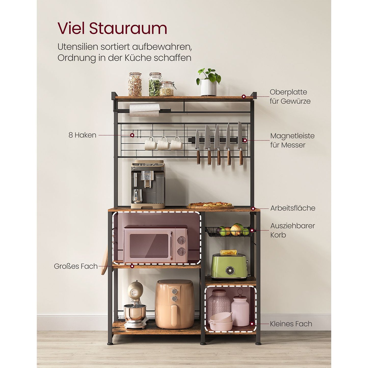 Küchenregal Stehend, Standregal, mit magnetischem Messerhalter, Mikrowellenregal, 8 Haken, Arbeitsplatte, Drahtkorb, Vasagle, 3