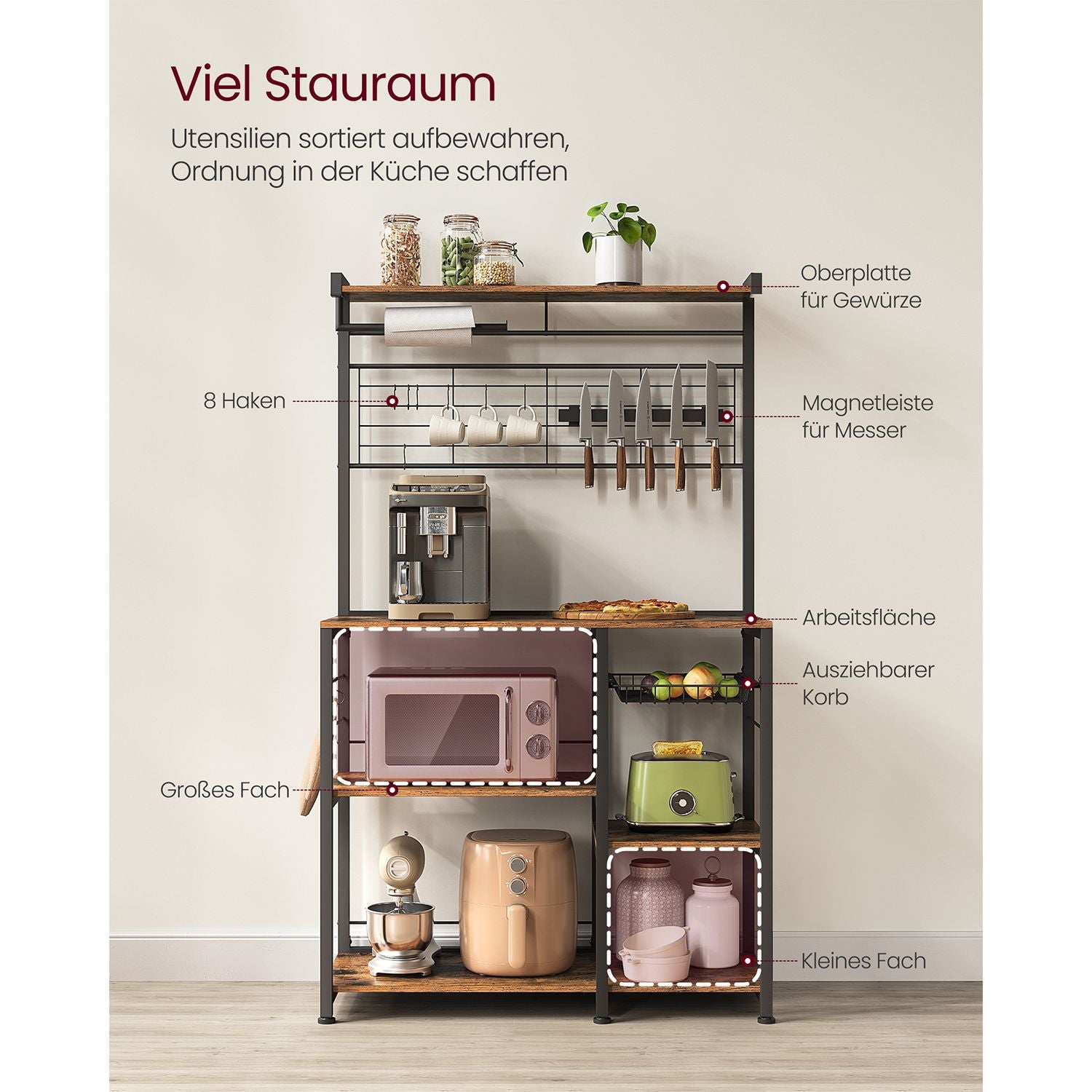 Küchenregal Stehend, Standregal, mit magnetischem Messerhalter, Mikrowellenregal, 8 Haken, Arbeitsplatte, Drahtkorb, Vasagle, 3