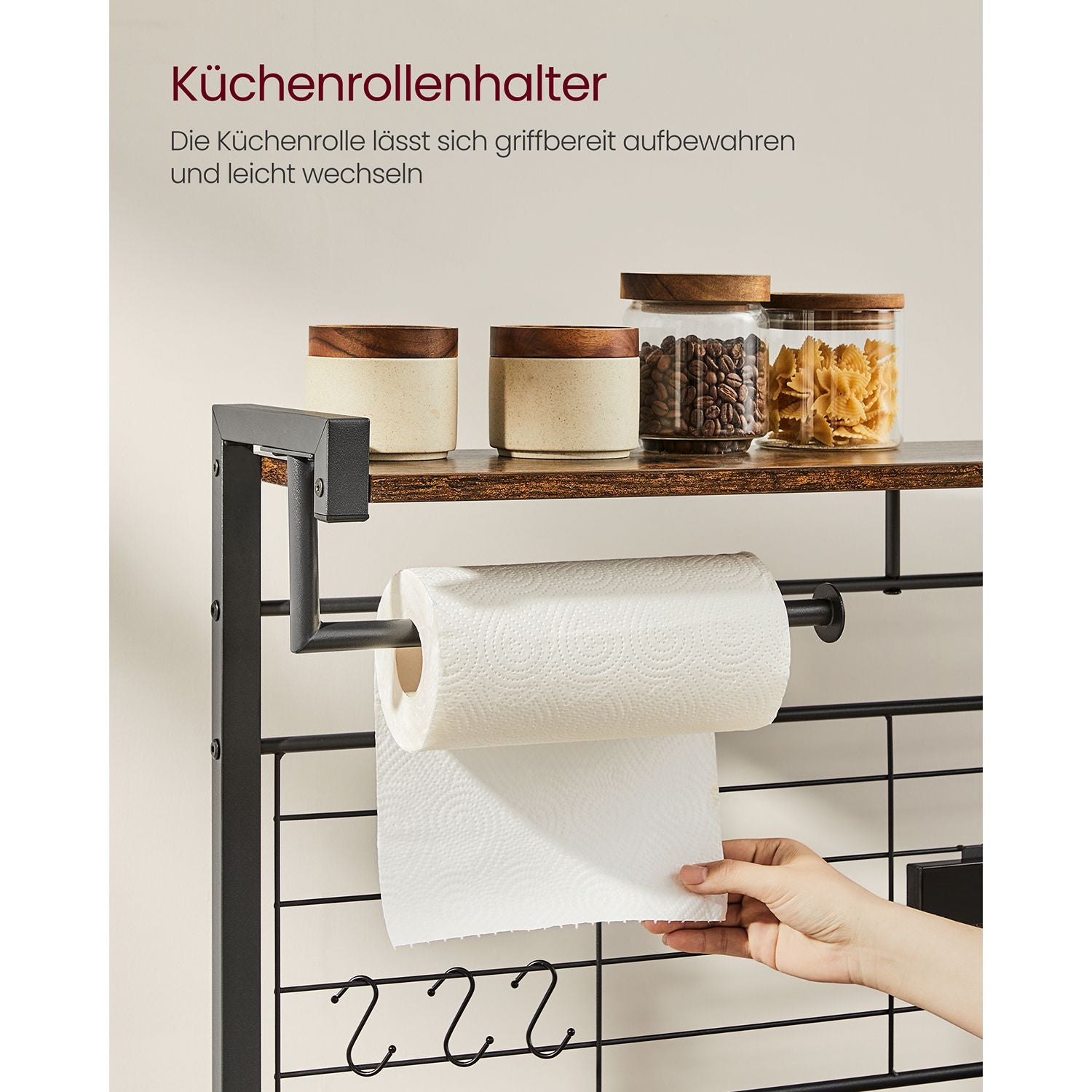 Küchenregal Stehend, Standregal, mit magnetischem Messerhalter, Mikrowellenregal, 8 Haken, Arbeitsplatte, Drahtkorb, Vasagle, 5