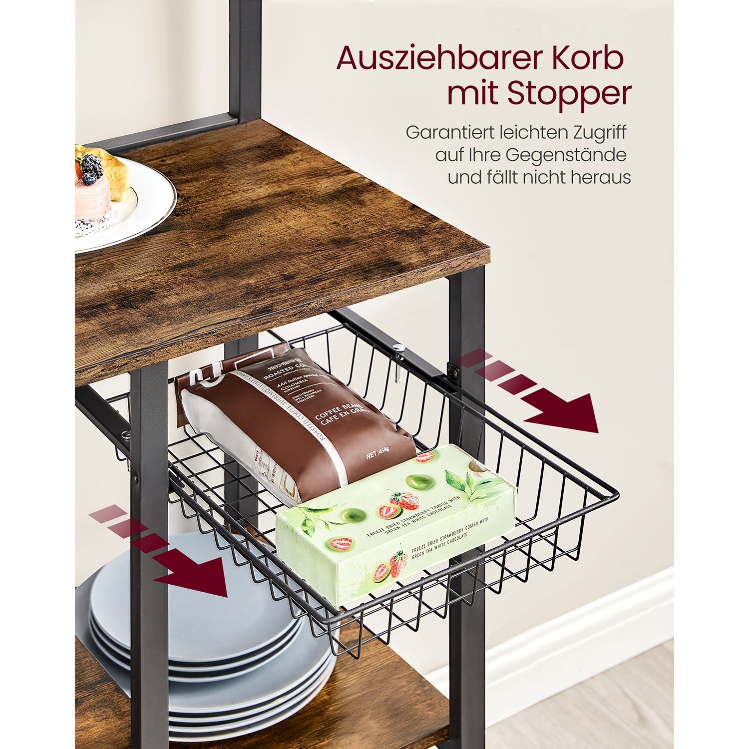 Küchenregal Stehend, Standregal, mit magnetischem Messerhalter, Mikrowellenregal, 8 Haken, Arbeitsplatte, Drahtkorb, Vasagle, 8