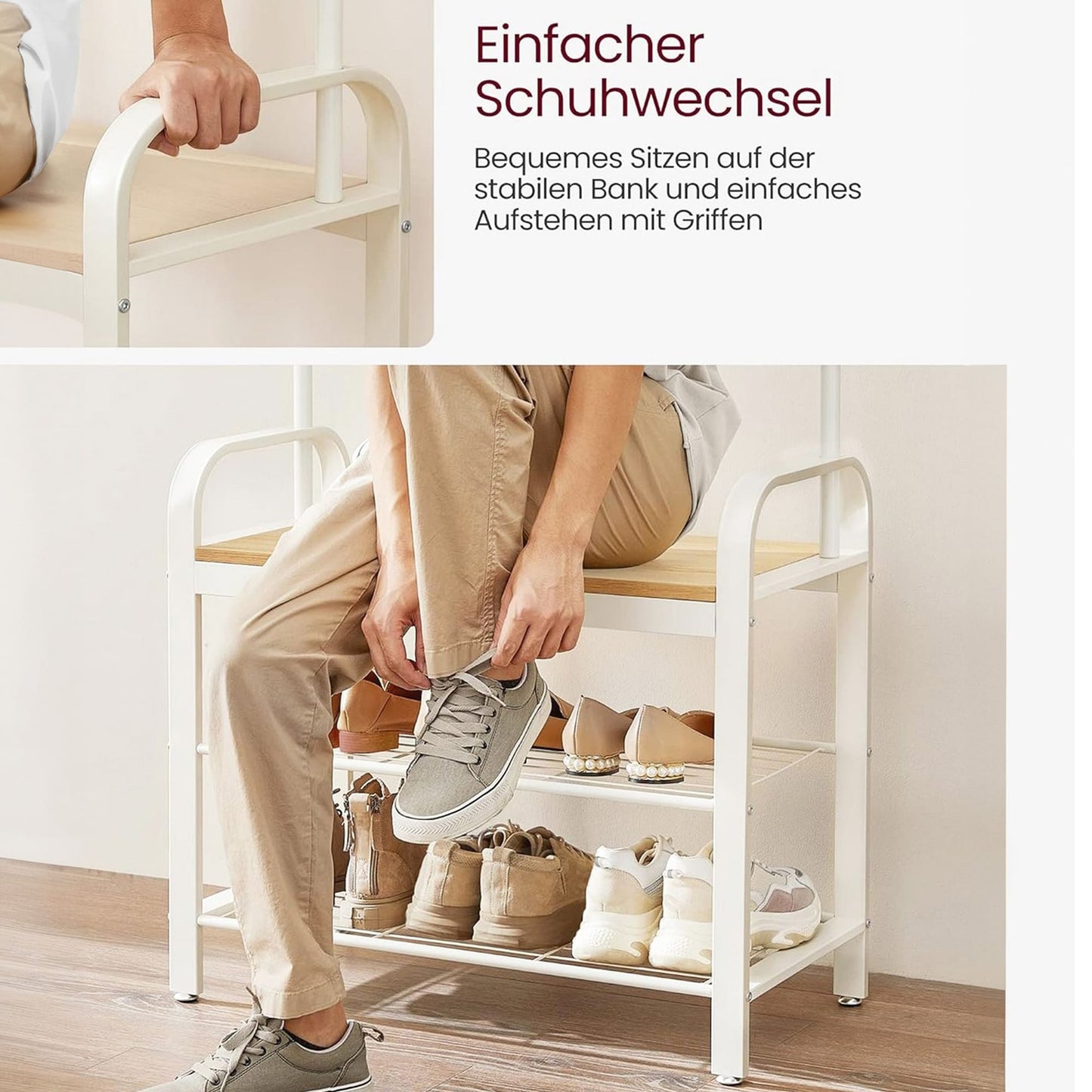 Kleiderständer, Garderobe, Kleiderständer mit Schuhregal, 3 Ebenen, mit abnehmbaren Haken, Höhe 183 cm, Vasagle