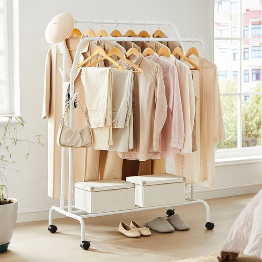 Kleiderständer, Kleiderständer Metall, Kleiderständer auf Rollen, Schwerlast Kleiderständer, 2 Kleiderstangen, SONGMICS