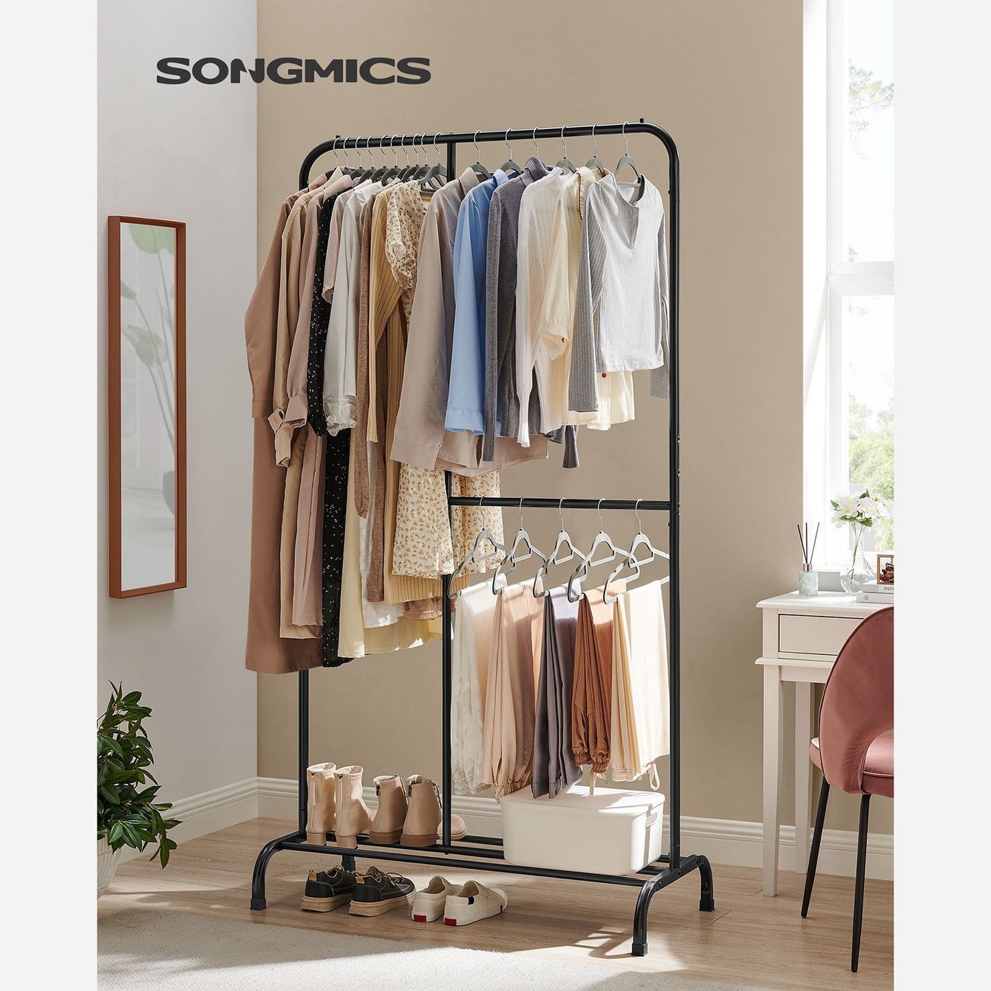 Kleiderständer, Kleiderstange, Kleiderständer Stabil, bis zu 100 kg, mit Verstellbarer Stange, schwarz, SONGMICS, 2