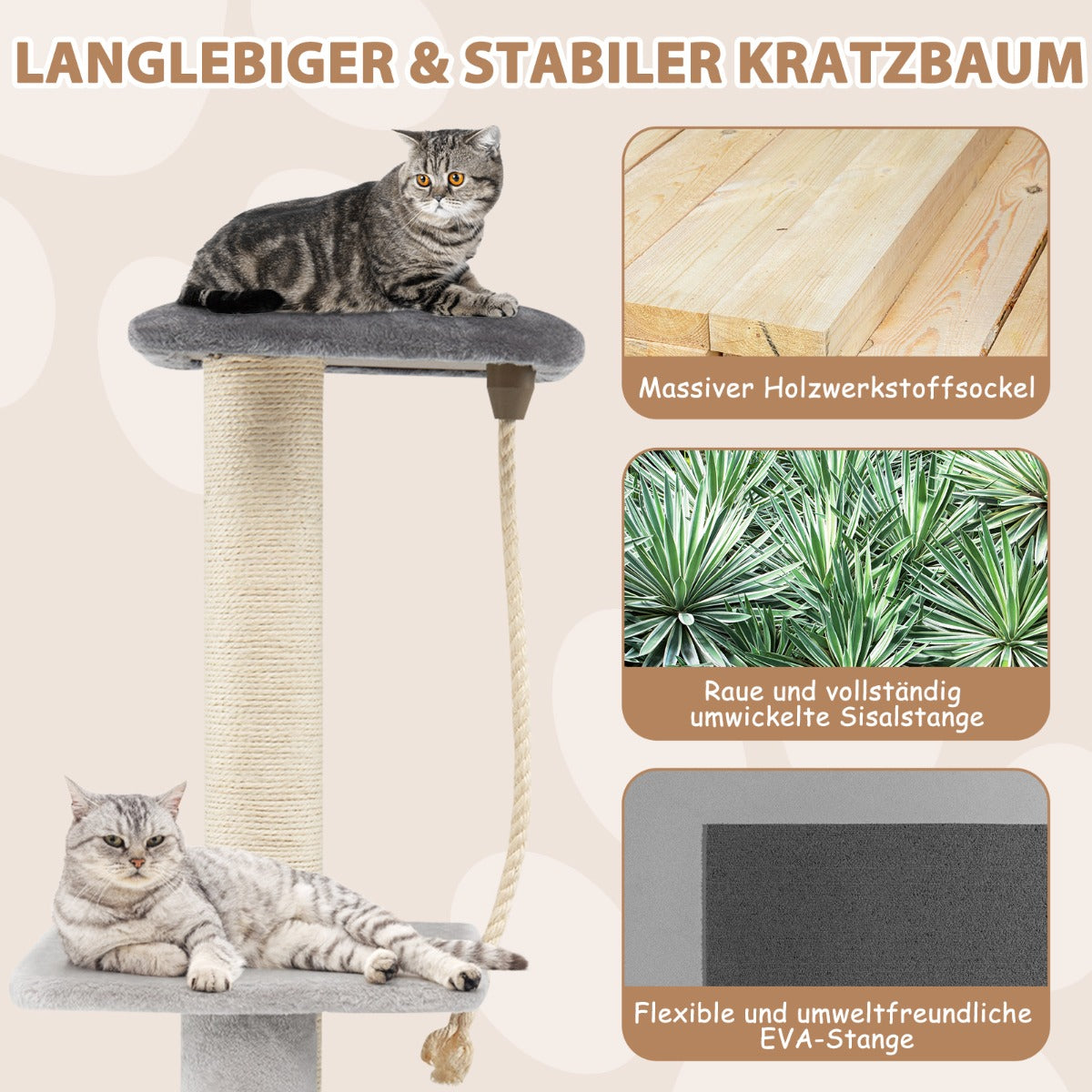 Kratzbaum stabil, 92 cm Kratzbaum mit Bambus Höhle & Kratzbrett & Ball & Plüschsitz, Katzenmöbel, Grau, Costway, 6