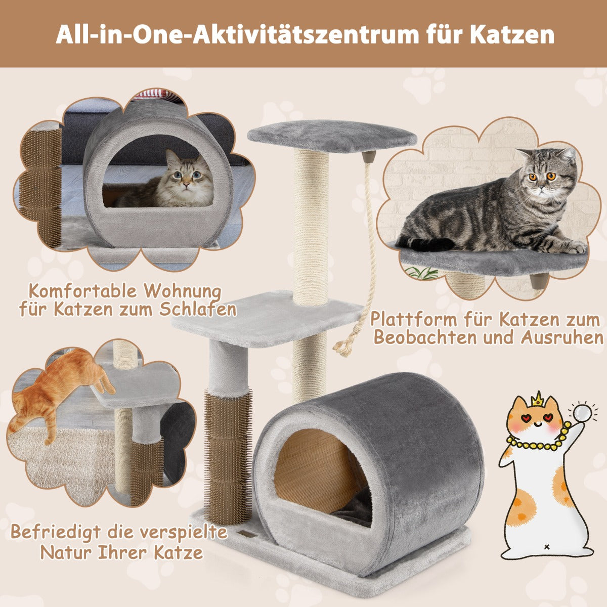Kratzbaum stabil, 92 cm Kratzbaum mit Bambus Höhle & Kratzbrett & Ball & Plüschsitz, Katzenmöbel, Grau, Costway, 2