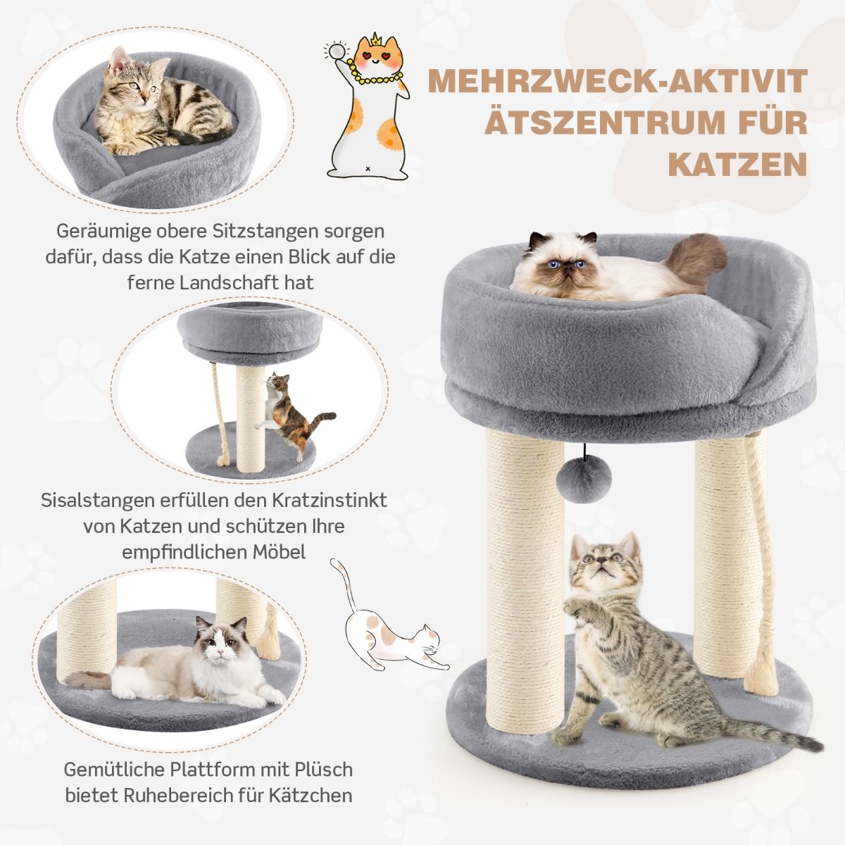 Kratzbaum modern, Kratzbaum stabil, Katzenbaum Katzenkratzbaum mit Weicher Sitzfläche Sisalturm für Katzen, Grau, Costway, 7