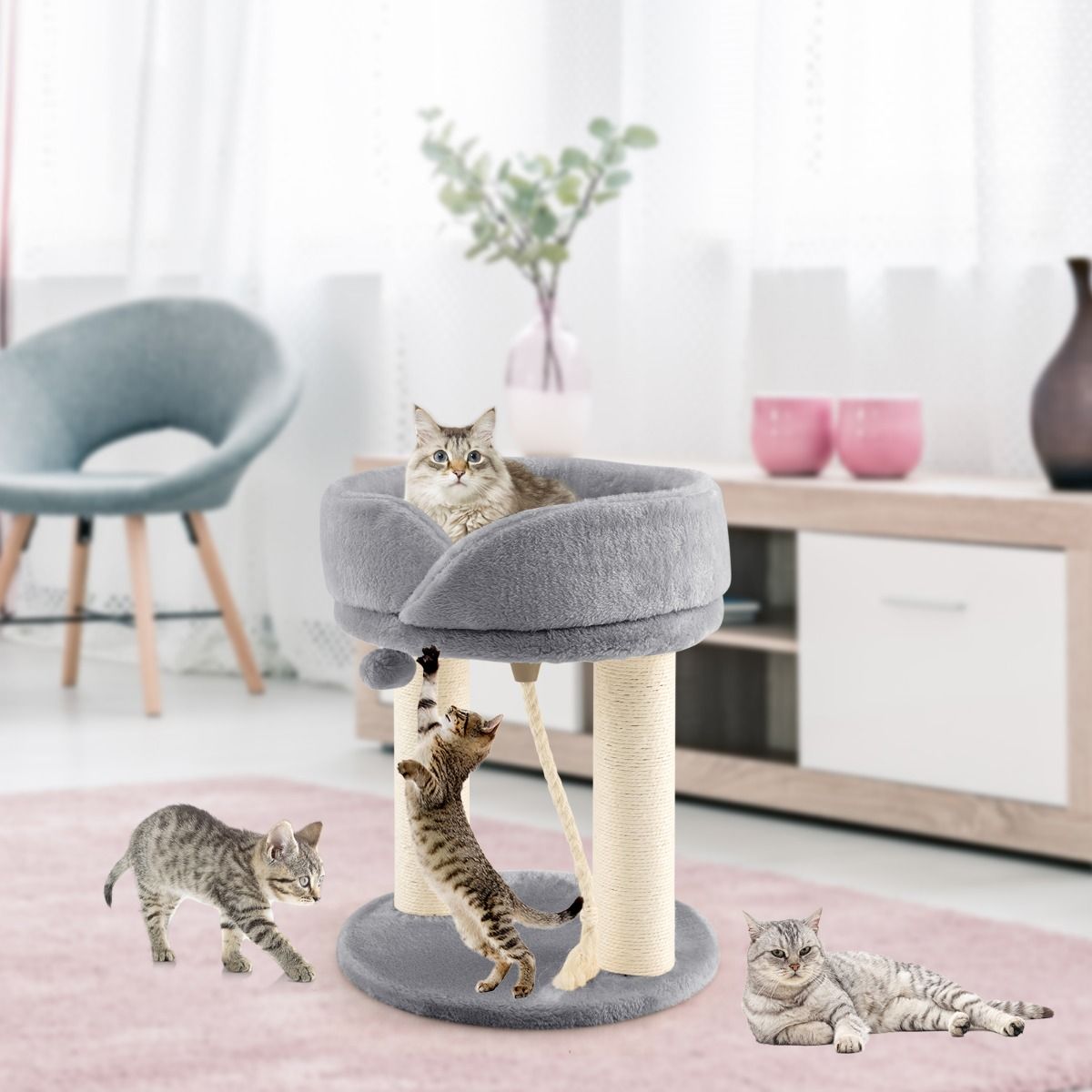 Kratzbaum modern, Kratzbaum stabil, Katzenbaum Katzenkratzbaum mit Weicher Sitzfläche Sisalturm für Katzen, Grau, Costway