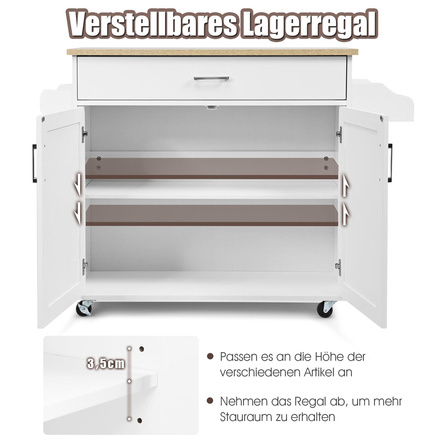 Kücheninsel, Küchenwagen mit arbeitsplatte, Ausgestattet mit 4 Universalrollen, Küchenwagen holz, Rollbar, Weiß, Costway, 7