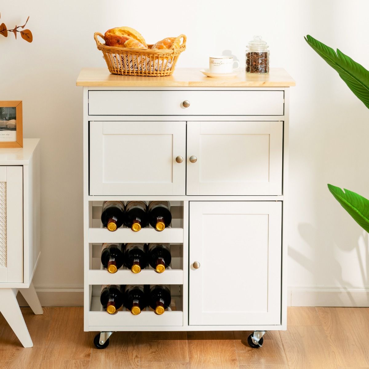 ücheninsel, Küchenwagen mit arbeitsplatte, Flaschenregal, Küchenwagen holz, Servierwagen, Küchentrolley, Weiß, Costway, 2