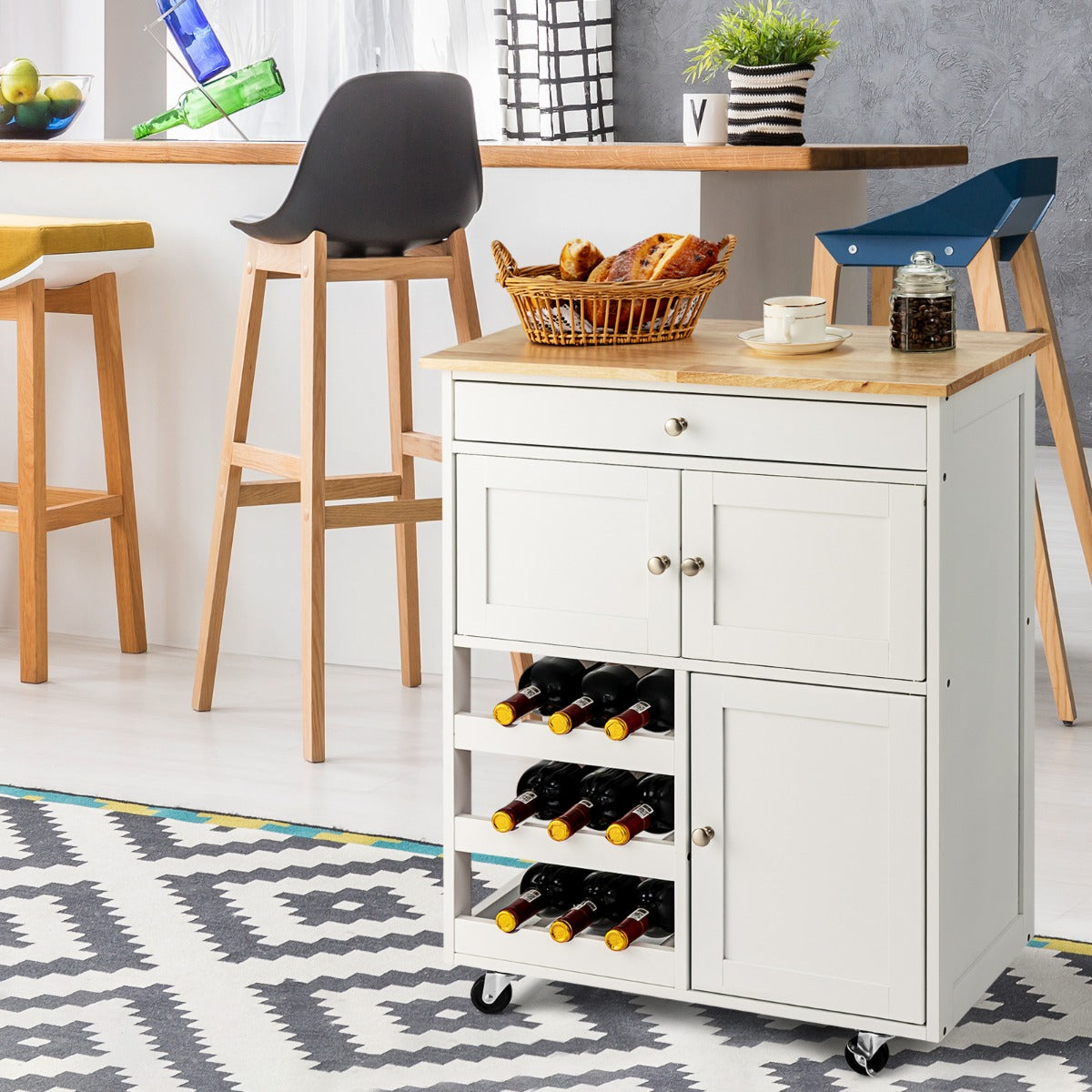 Kücheninsel, Küchenwagen mit arbeitsplatte, Küchenwagen holz, Servierwagen Küchentrolley mit 3 Weinregalen, Weiß, Costway, 1