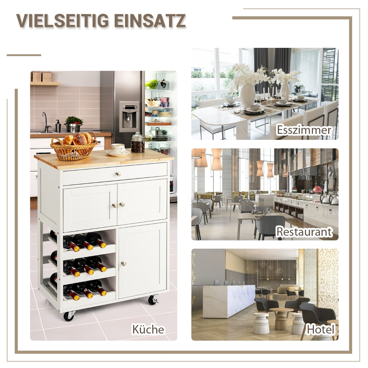 Kücheninsel, Küchenwagen mit arbeitsplatte, Küchenwagen holz, Servierwagen Küchentrolley mit 3 Weinregalen, Weiß, Costway, 2