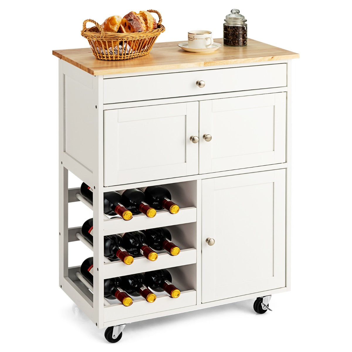 ücheninsel, Küchenwagen mit arbeitsplatte, Flaschenregal, Küchenwagen holz, Servierwagen, Küchentrolley, Weiß, Costway, 3