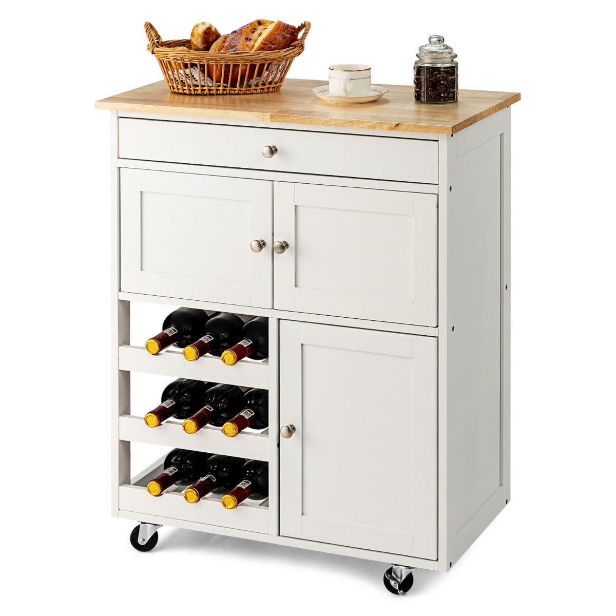 Kücheninsel, Küchenwagen mit arbeitsplatte, Küchenwagen holz, Servierwagen Küchentrolley mit 3 Weinregalen, Weiß, Costway, 4