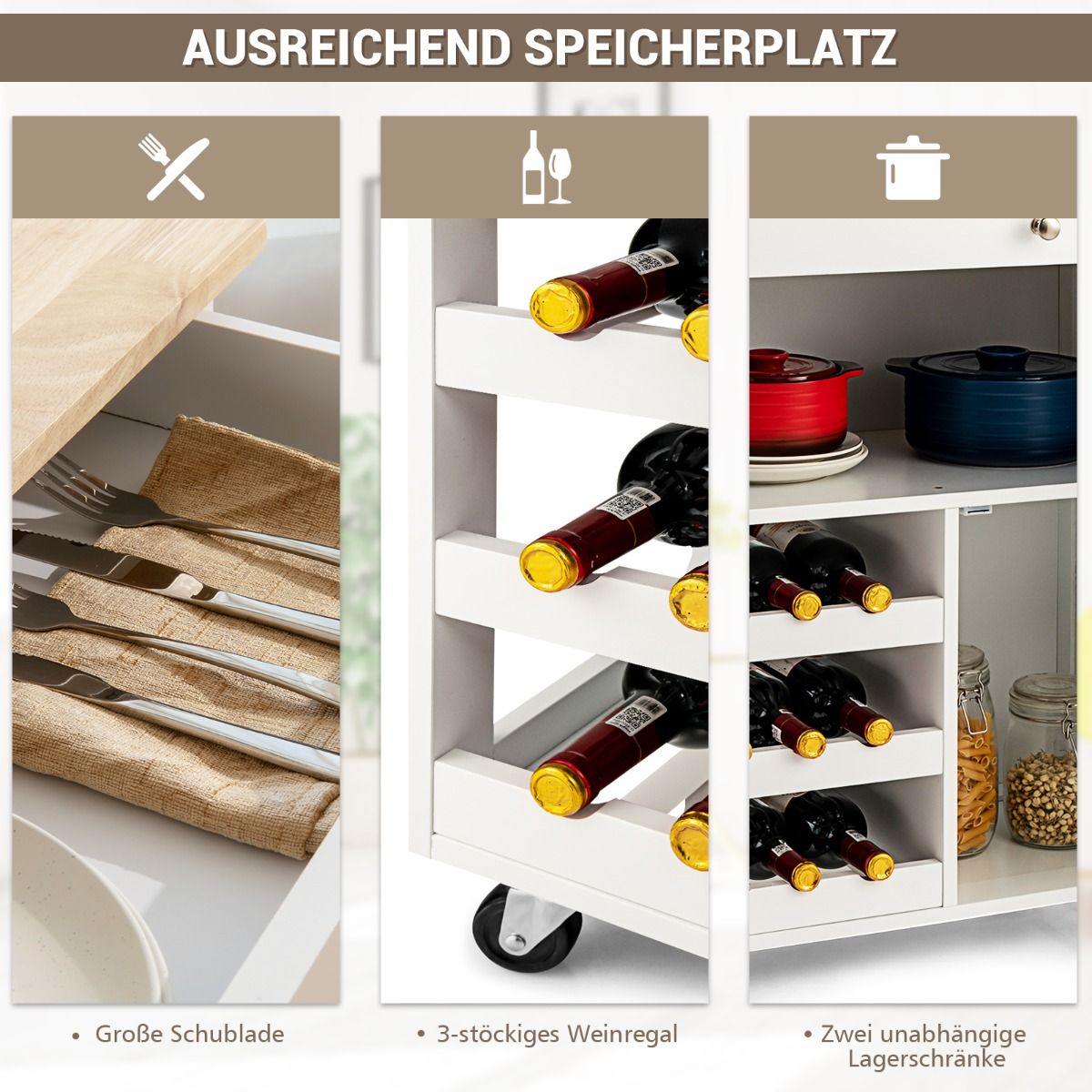 Kücheninsel, Küchenwagen mit arbeitsplatte, Küchenwagen holz, Servierwagen Küchentrolley mit 3 Weinregalen, Weiß, Costway, 8