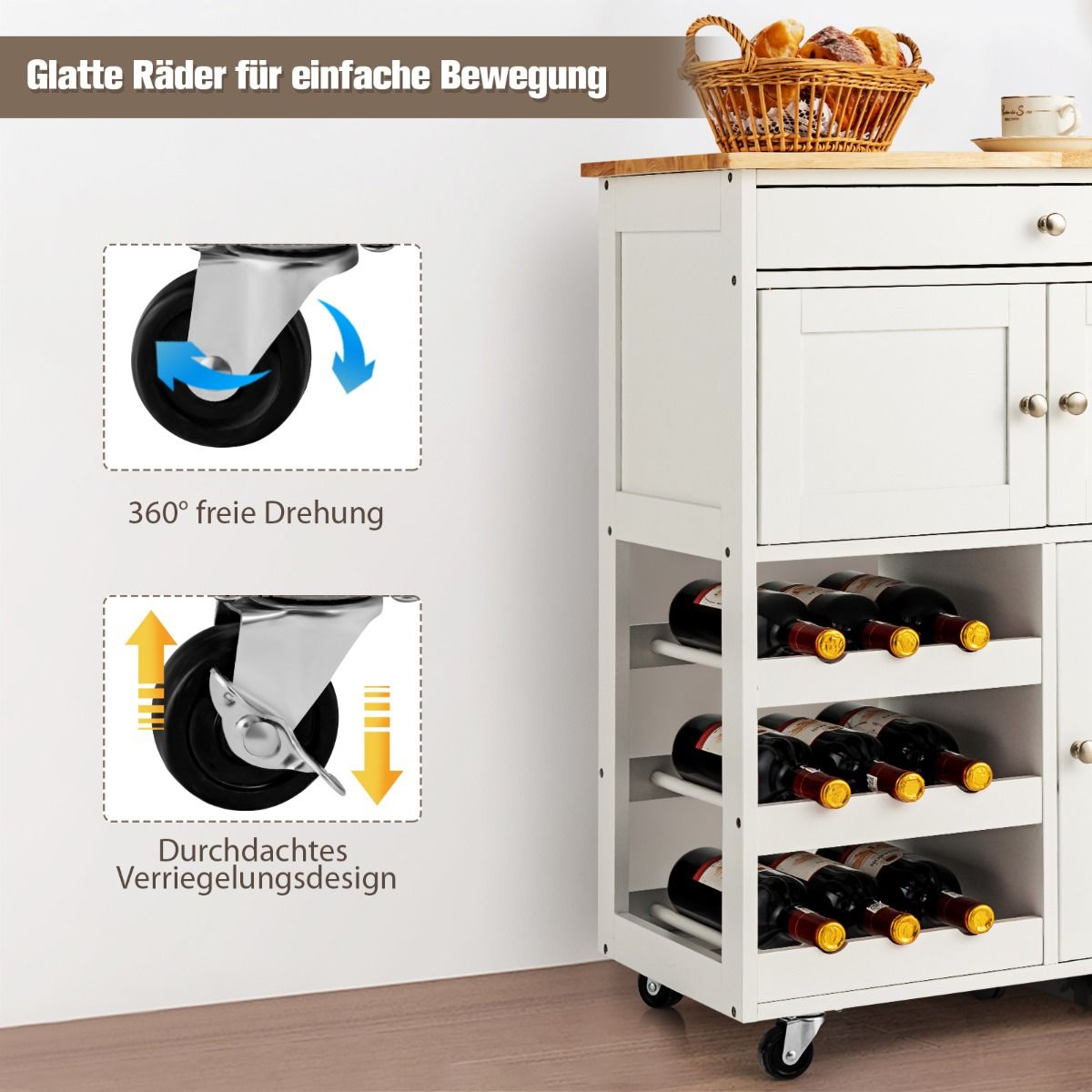 Kücheninsel, Küchenwagen mit arbeitsplatte, Küchenwagen holz, Servierwagen Küchentrolley mit 3 Weinregalen, Weiß, Costway, 10