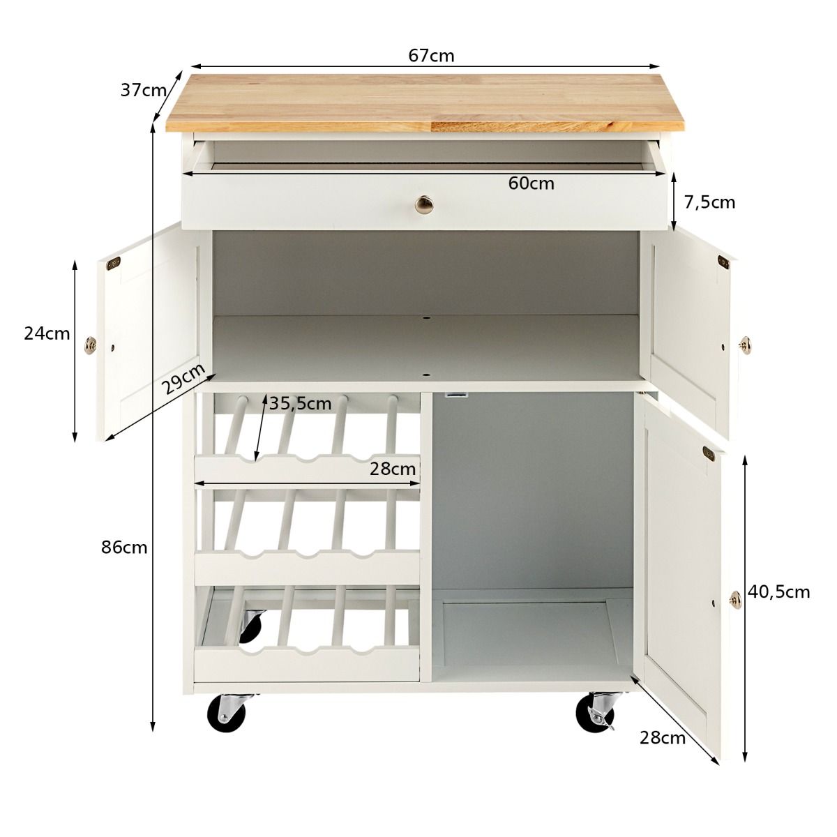 Kücheninsel, Küchenwagen mit arbeitsplatte, Küchenwagen holz, Servierwagen Küchentrolley mit 3 Weinregalen, Weiß, Costway, 11