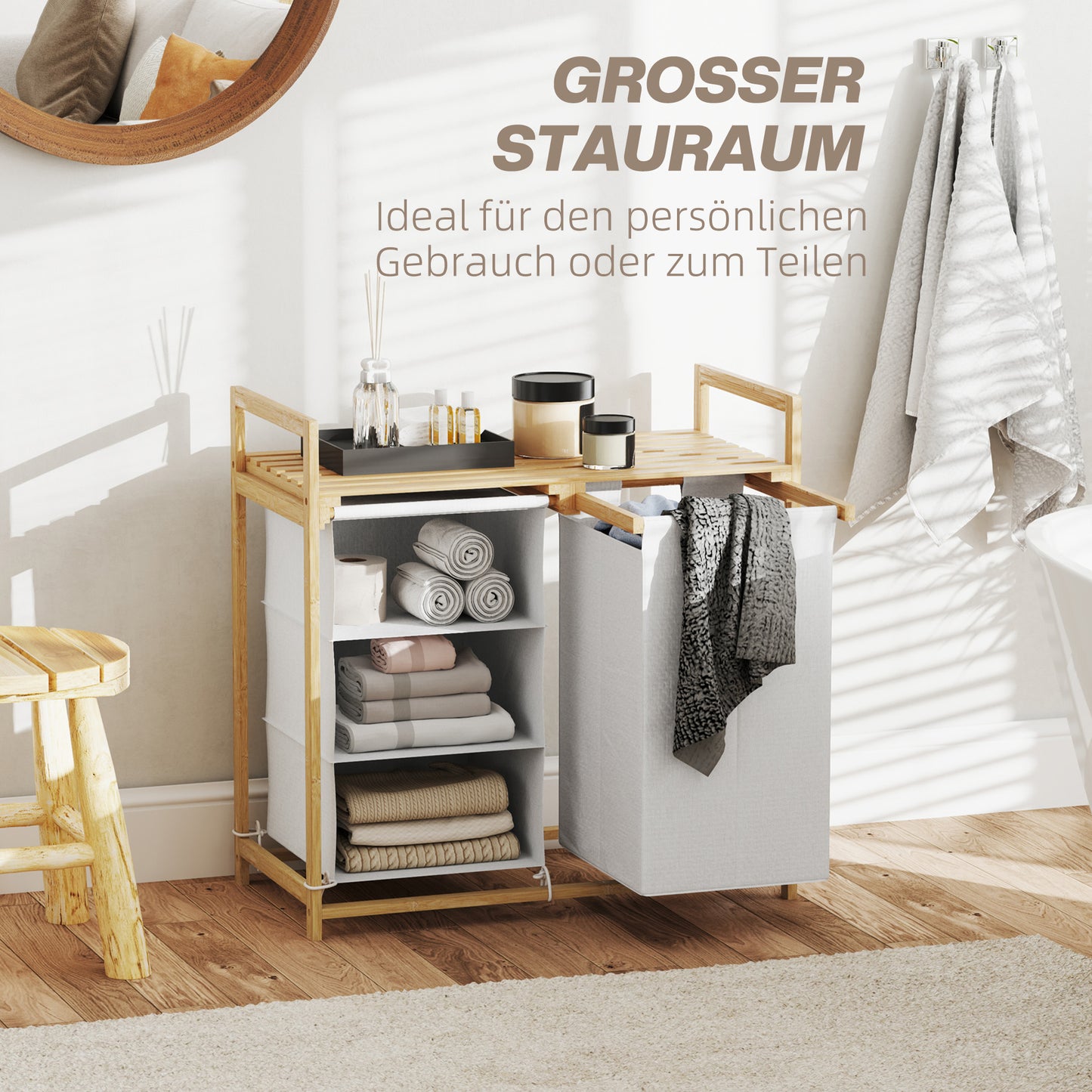 Wäschekorb, 83L, Wäschesammler, 4 Fächer, Wäschebox, Badezimmer Regal, mit offene Ablagen, Bambus, Weiß, HOMCOM, 4