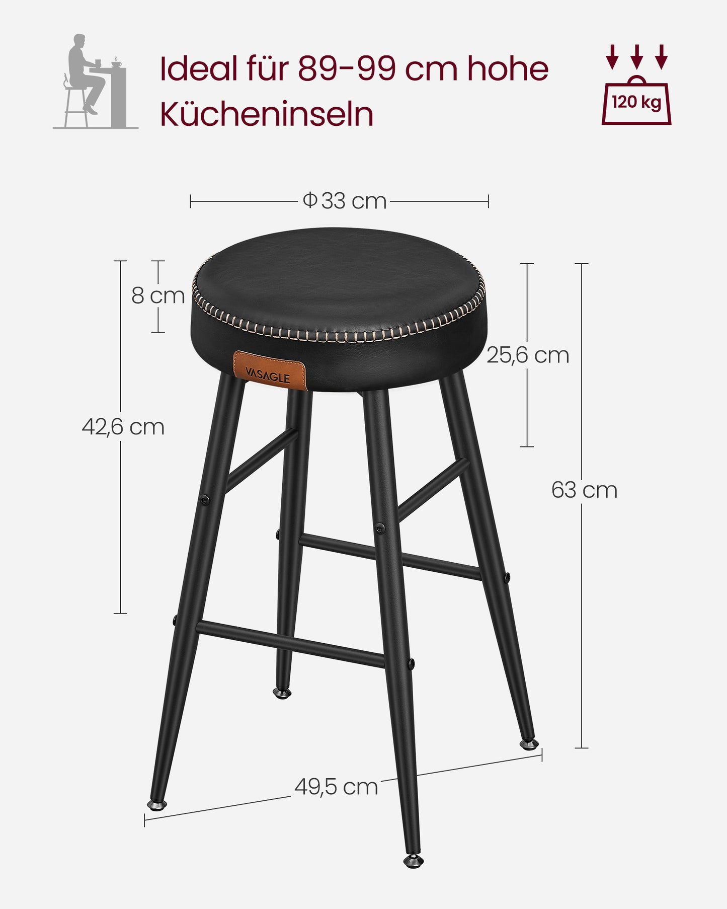 Barhocker, Barstühle, 2er Set, Barhocker Küche, 63 cm hoch, Küchenstühle, Kunstleder, einfacher Aufbau, Schwarz, VASAGLE, 9