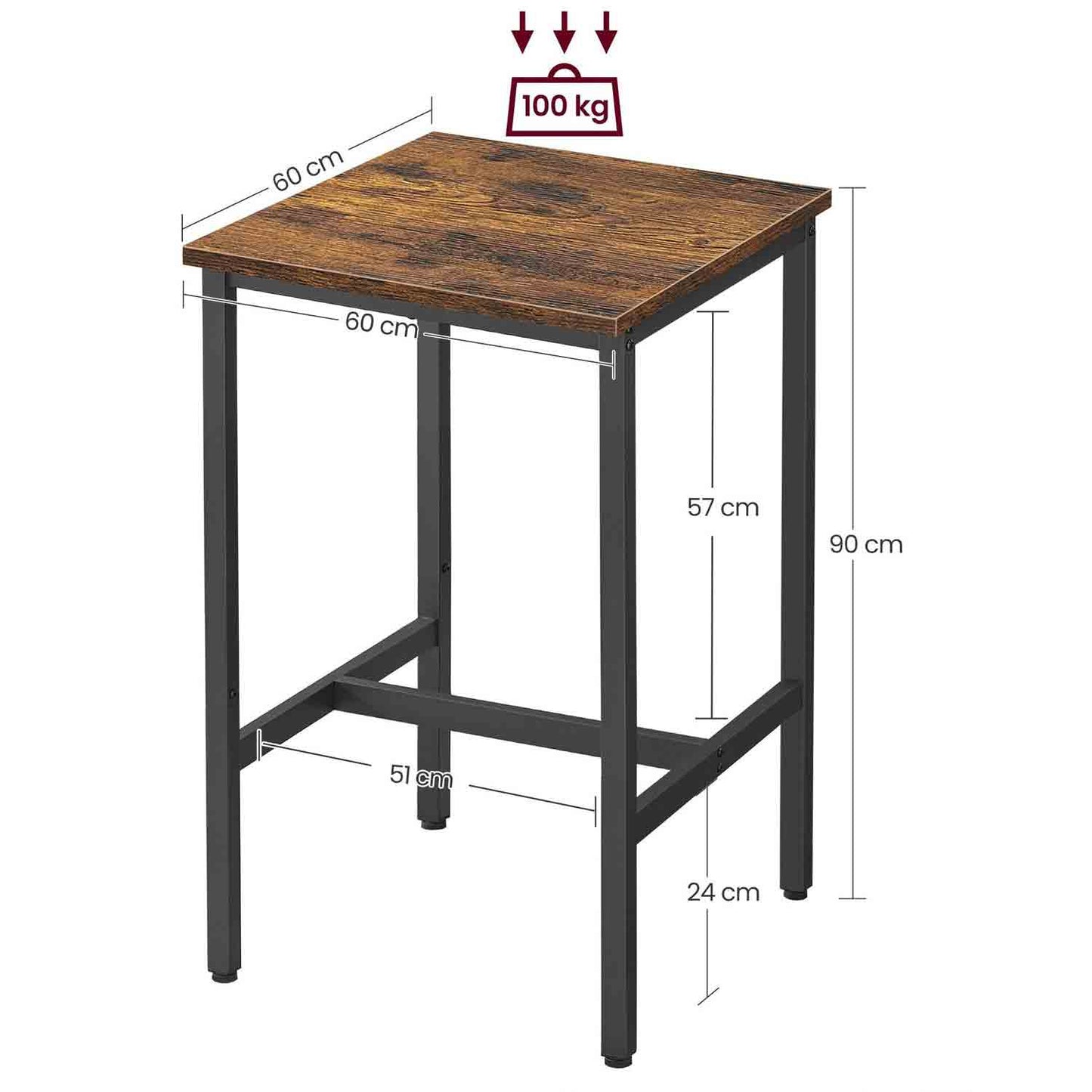 Bartisch, Stehtisch, Küchentisch, hoch, mit Stahlgestell, 60 x 60 x 92 cm