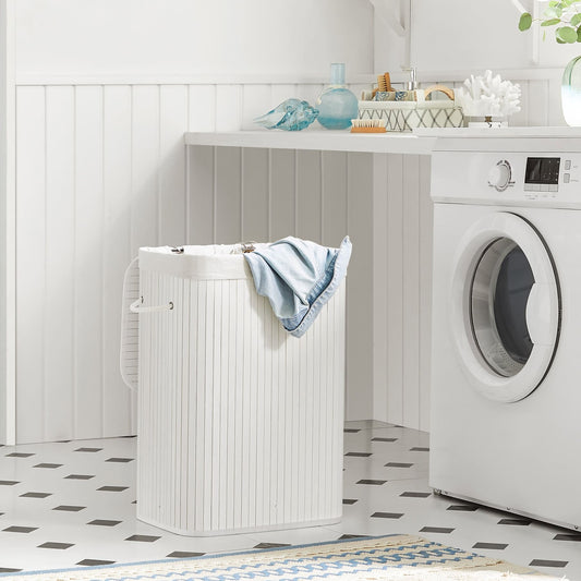 SONGMICS Wäschekorb aus Bambus, faltbarer Wäschesammler mit Deckel und herausnehmbarem Wäschesack aus Baumwolle, 72 L Wäschebox, Wäschetruhe