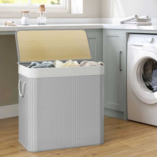 SONGMICS - Wäschekorb Bambus, 150 L, Wäschekorb 3 Fächer, Wäschesammler mit Deckel, Wäschebox Bambus, mit Griffen, faltbar, grau
