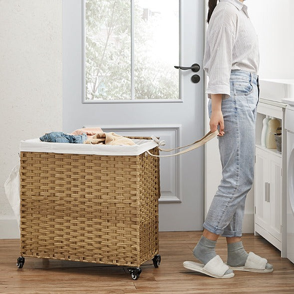 Wäschekorb, Wäschesammler, Wäschesammler 3 Fächer, Wäschekorb geflochten, Wäschekorb mit Rollen, Wäschesack, Songmics, 3