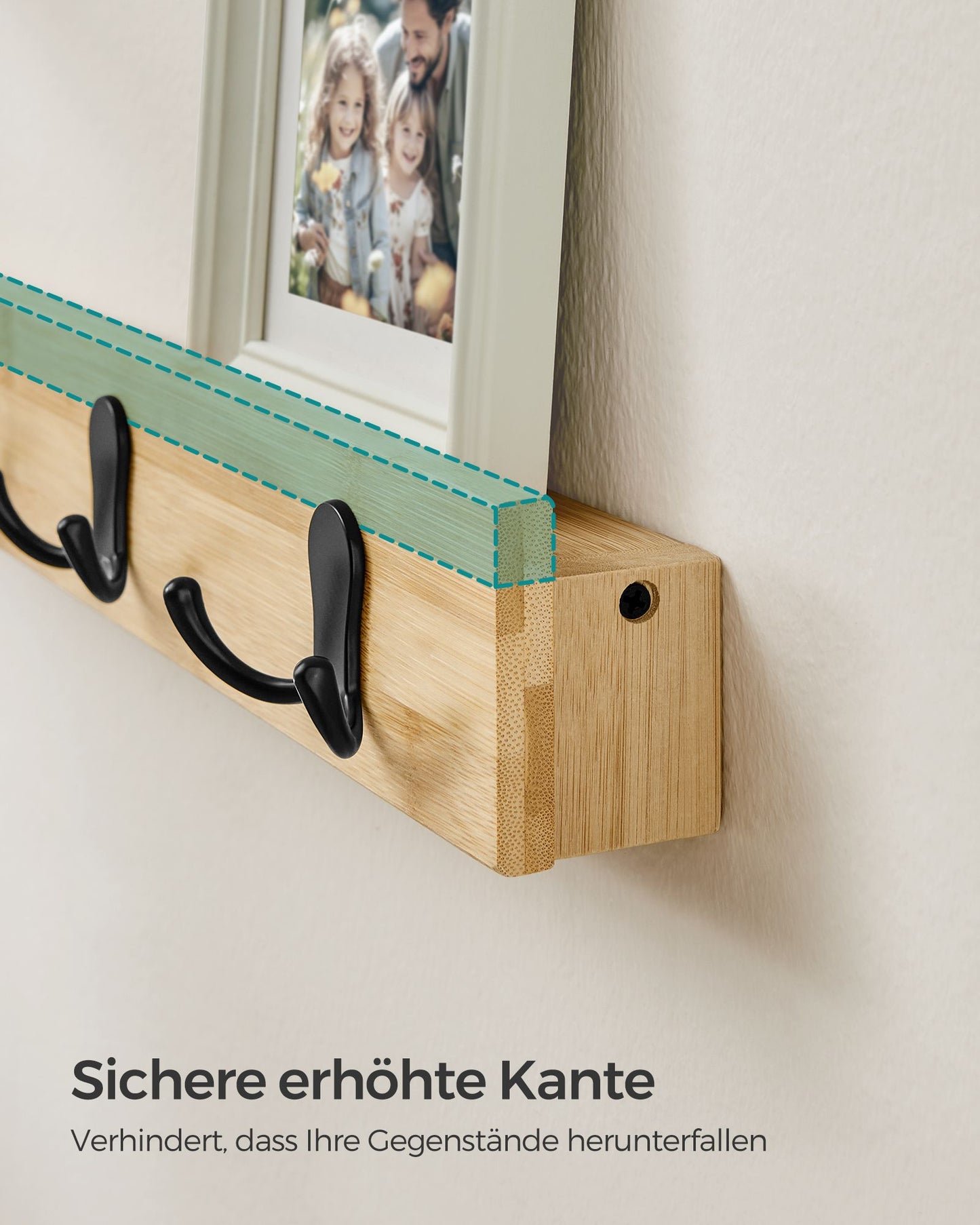 Garderobenleiste, Wandgarderobe, Wandregal, 4 Doppelhaken aus Metall, platzsparend für Flur, naturbeige, SONGMICS, 6