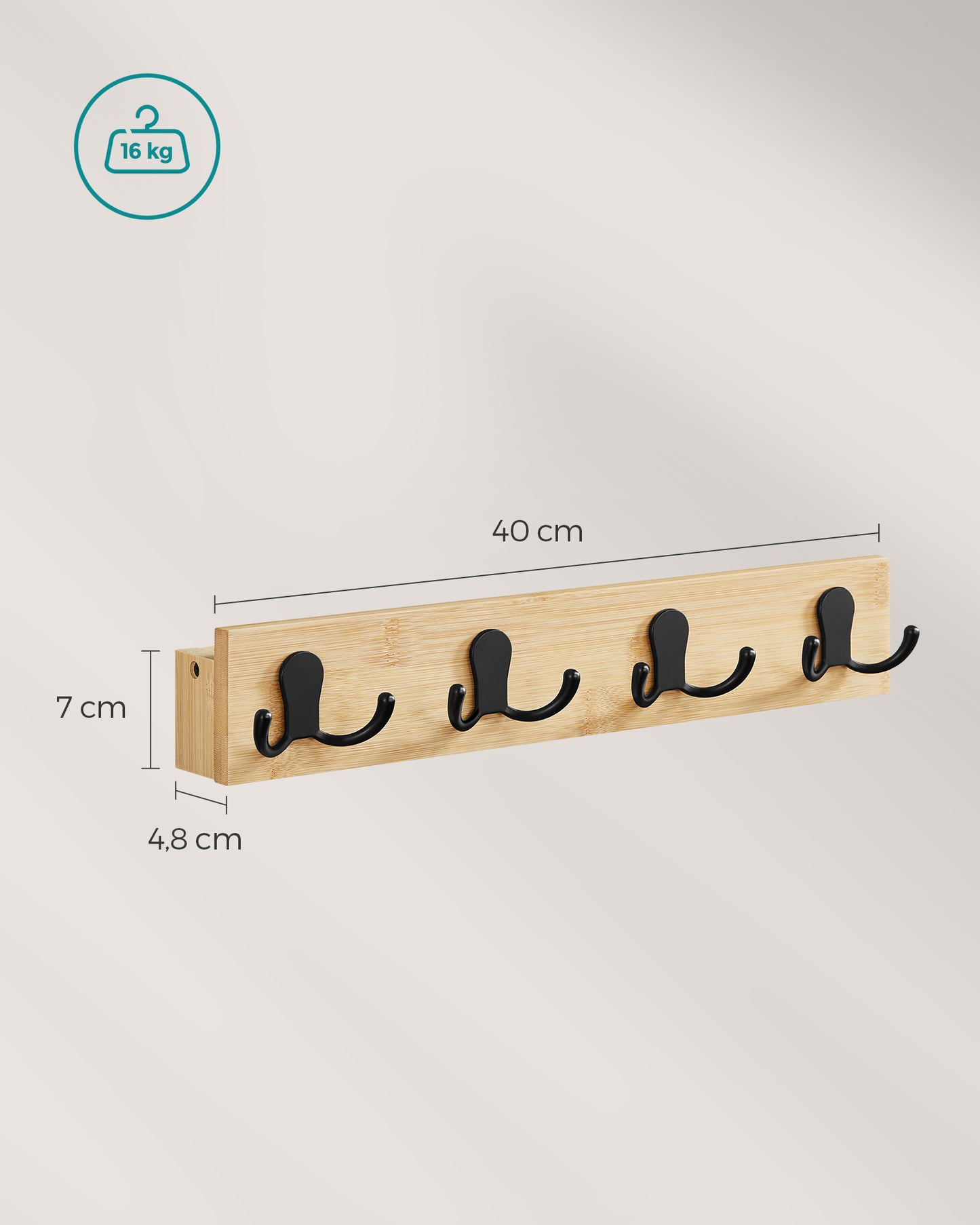Garderobenleiste, Wandgarderobe, Wandregal, 4 Doppelhaken aus Metall, platzsparend für Flur, naturbeige, SONGMICS, 8