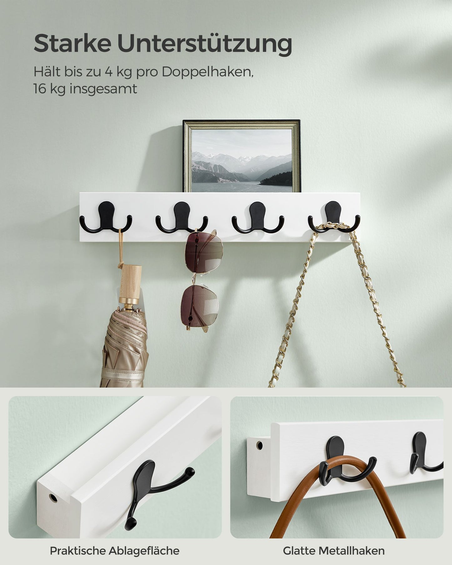 Garderobenleiste, Wandgarderobe, Wandregal, 4 Doppelhaken aus Metall, platzsparend für Flur, belastbar bis 16 kg, SONGMICS, 4