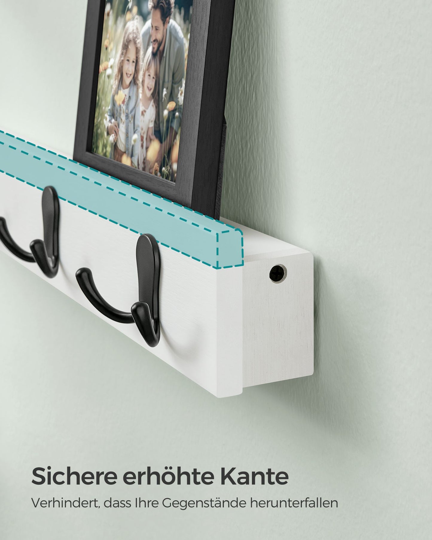 Garderobenleiste, Wandgarderobe, Wandregal, 4 Doppelhaken aus Metall, platzsparend für Flur, belastbar bis 16 kg, SONGMICS, 6
