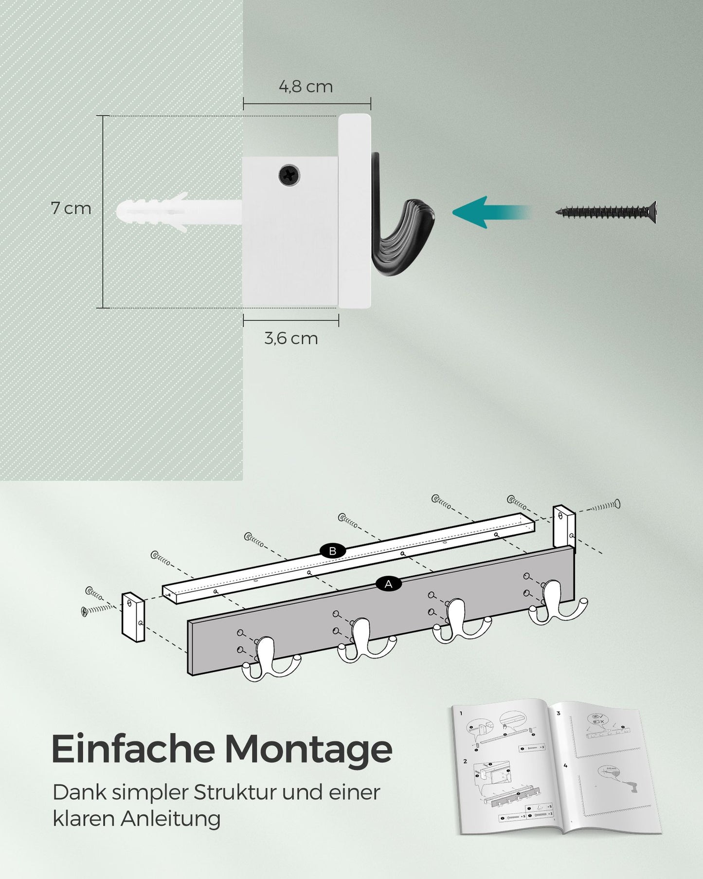Garderobenleiste, Wandgarderobe, Wandregal, 4 Doppelhaken aus Metall, platzsparend für Flur, belastbar bis 16 kg, SONGMICS, 7