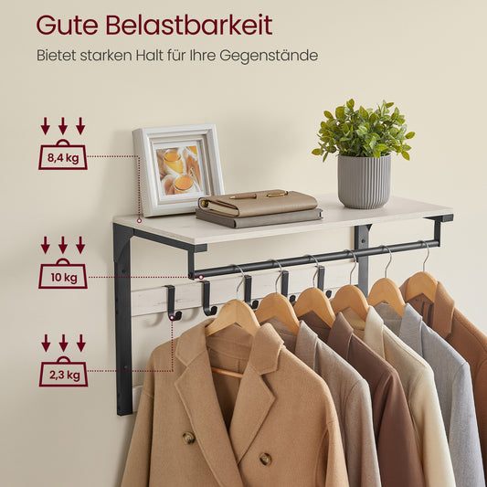Wandgarderobe, 65x 30x42cm Wandgarderobe mit ablage, Garderobe Wand, mit 10 Haken, vintageweiß-schwarz, VASAGLE, 0