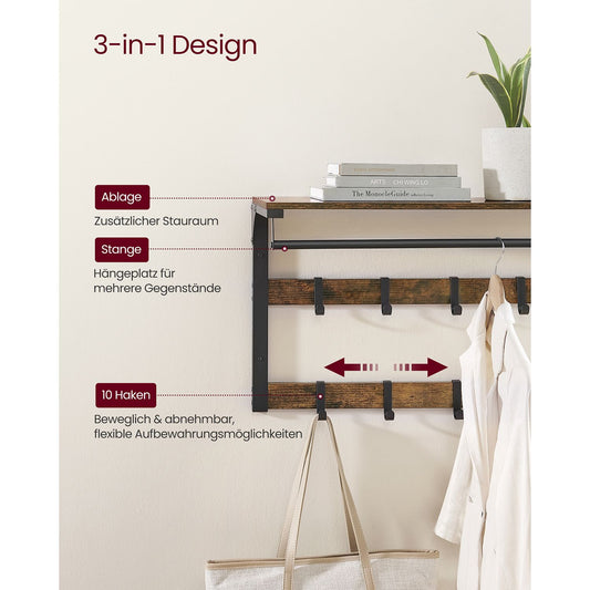 Wandgarderobe, mit Ablage, Wandregal mit 10 abnehmbaren Haken, Hängeregal, 2 Garderobenleisten, Kleiderstange, schwarz, VASAGLE, 3