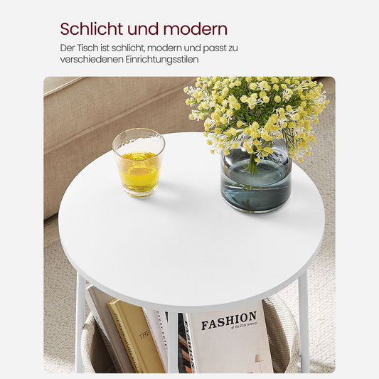 Beistelltisch rund, D 50 cm, mit Korb aus Stoff, Couchtisch klein, Sofatisch, Wohnzimmertisch, mattweiß-Kamelbraun, VASAGLE, 2