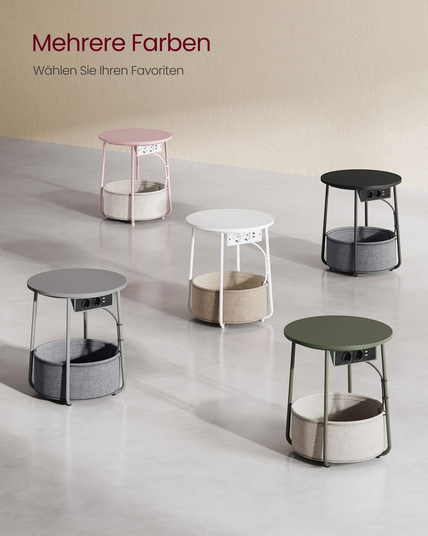 Beistelltisch rund, mit Steckdose, Couchtisch klein, Sofatisch, Wohnzimmertisch, Korb aus Stoff, mattweiß-Kamelbraun, VASAGLE, 9