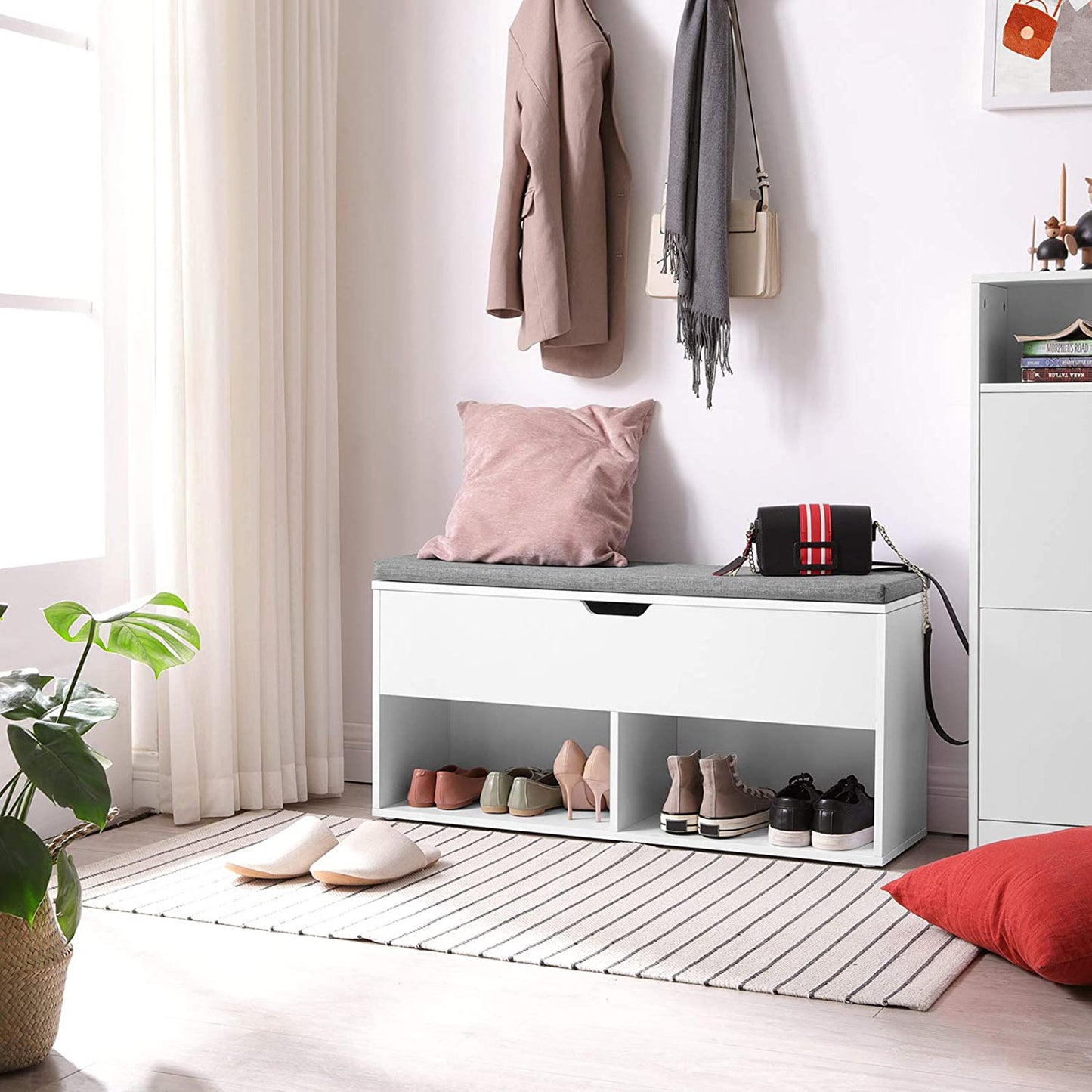 Schuhregal mit sitzbank, mit 2 offenen Fächern, Schuhregal, Sitzbank mit schuhregal, schuhbank mit sitzfläche, Weiß, VASAGLE, 2