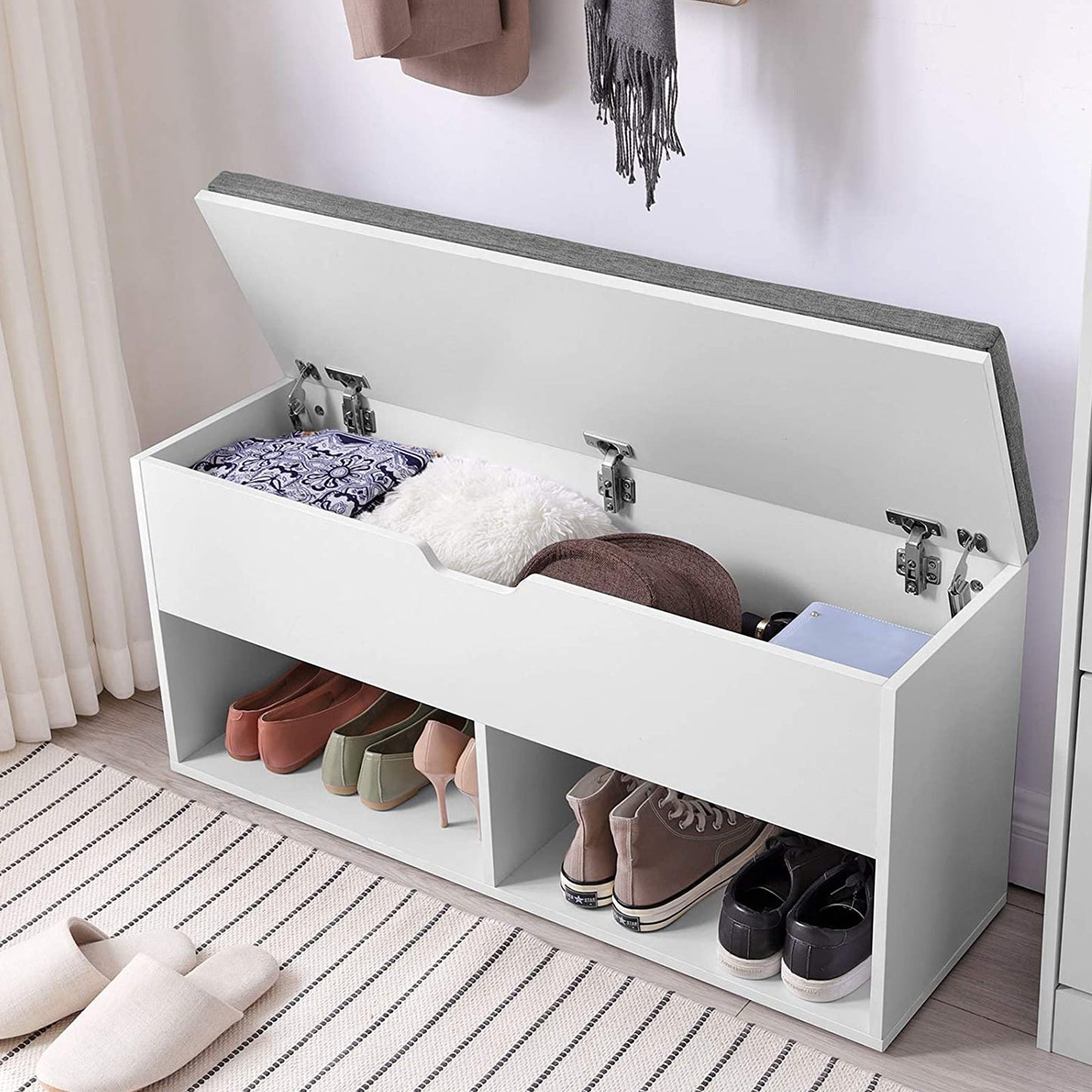 Schuhregal mit sitzbank, mit 2 offenen Fächern, Schuhregal, Sitzbank mit schuhregal, schuhbank mit sitzfläche, Weiß, VASAGLE, 4