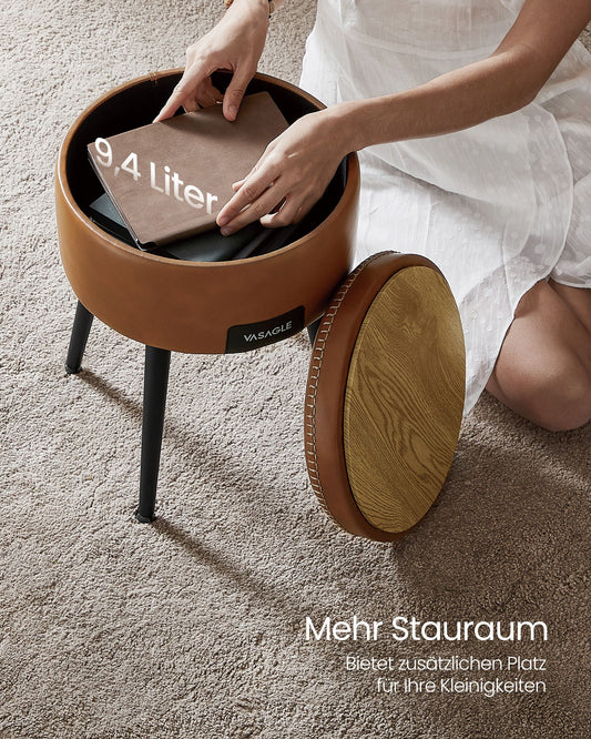 Sitztruhe, Sitzhocker, Rund, Sitztruhe mit Stauraum, Sitzbank, Kunstleder, Stahlbeine, bis 150kg belastbar, karamell, VASAGLE, 2