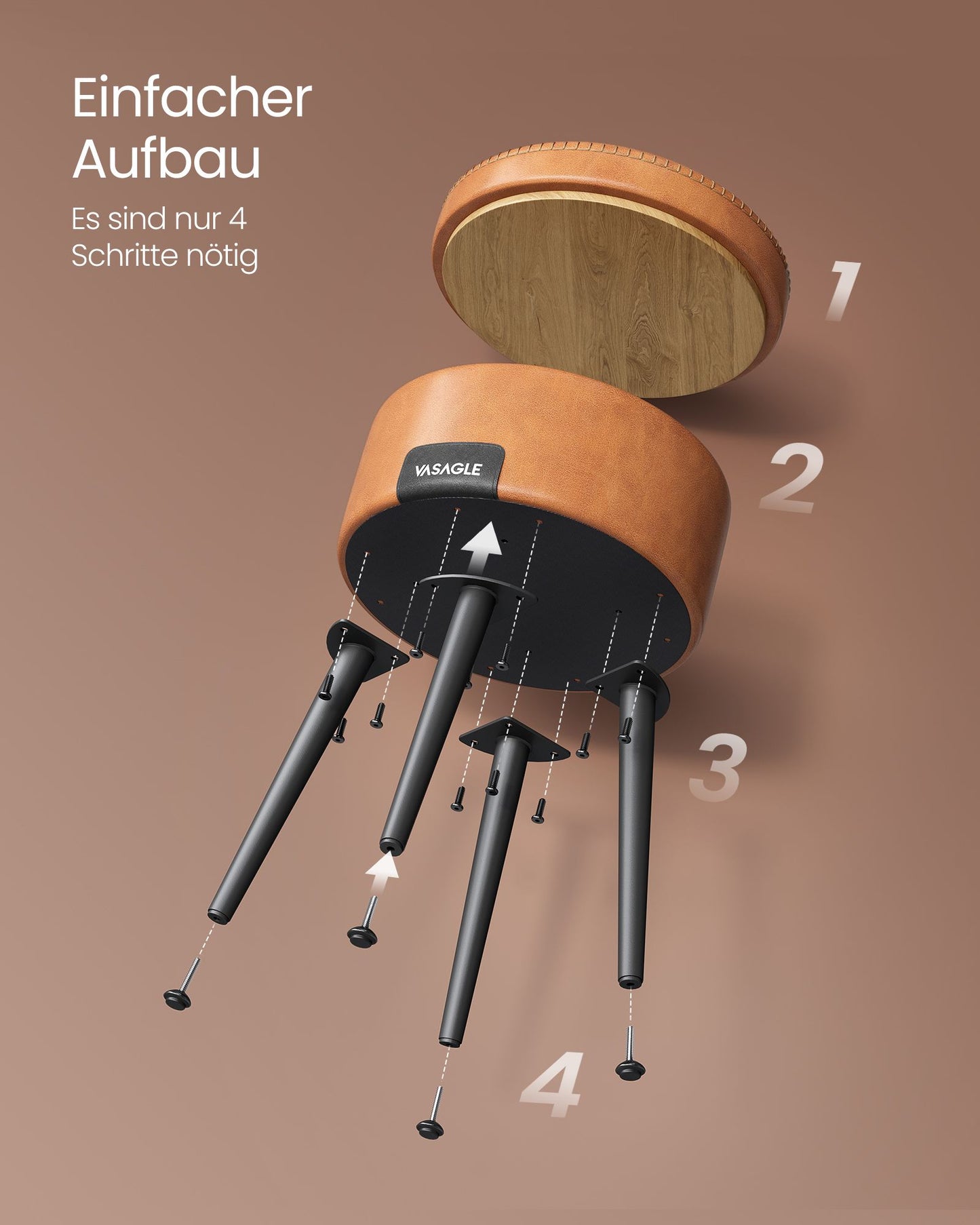 Sitztruhe, Sitzhocker, Rund, Sitztruhe mit Stauraum, Sitzbank, Kunstleder, Stahlbeine, bis 150kg belastbar, karamell, VASAGLE, 10