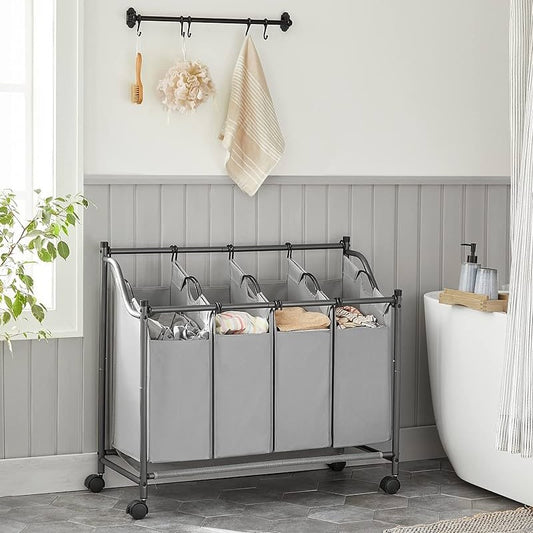 Songmics - Wäschekorb, Wäschesortierer, Wäschesortierer 4 Fächern, Wäschesammler, mit Rädern, abnehmbare Taschen, 4x35 L, Grau