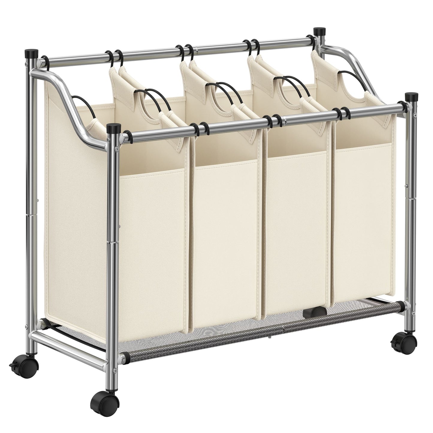 Wäsche Sortiersystem, Wäschekorb, 140 L, Wäschesack 4 Fächer, mit Rollen, Wäschewagen, Beige, SONGMICS, 1