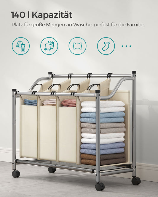 Wäsche Sortiersystem, Wäschekorb, 140 L, Wäschesack 4 Fächer, mit Rollen, Wäschewagen, Beige, SONGMICS, 3