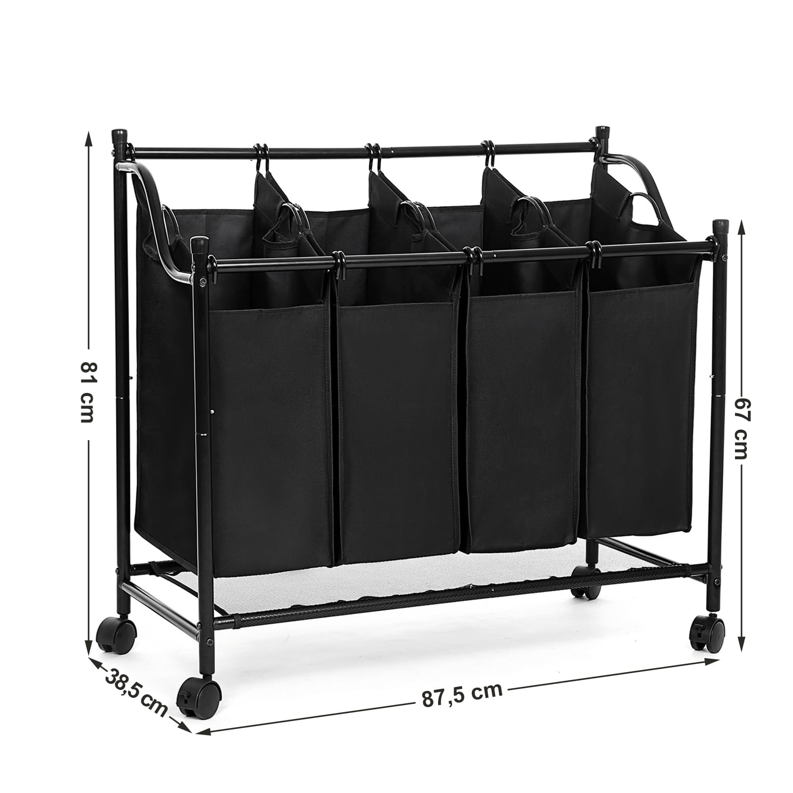 Wäschekorb, Wäschesortierer, Wäschesortierer 4 Fächern, Wäschesammler, mit Rädern, 4 x 35 L, Schwarz, Songmics, 8