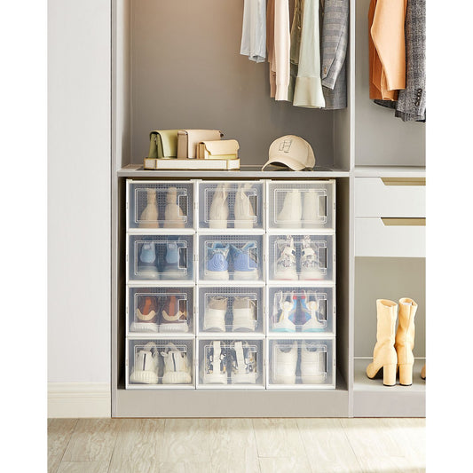 Schuhboxen, 12er Set, schuhorganizer, aus Kunststoff, schuhboxen stapelbar, für Schuhe bis Größe 46, transparent-weiß, SONGMICS, 2